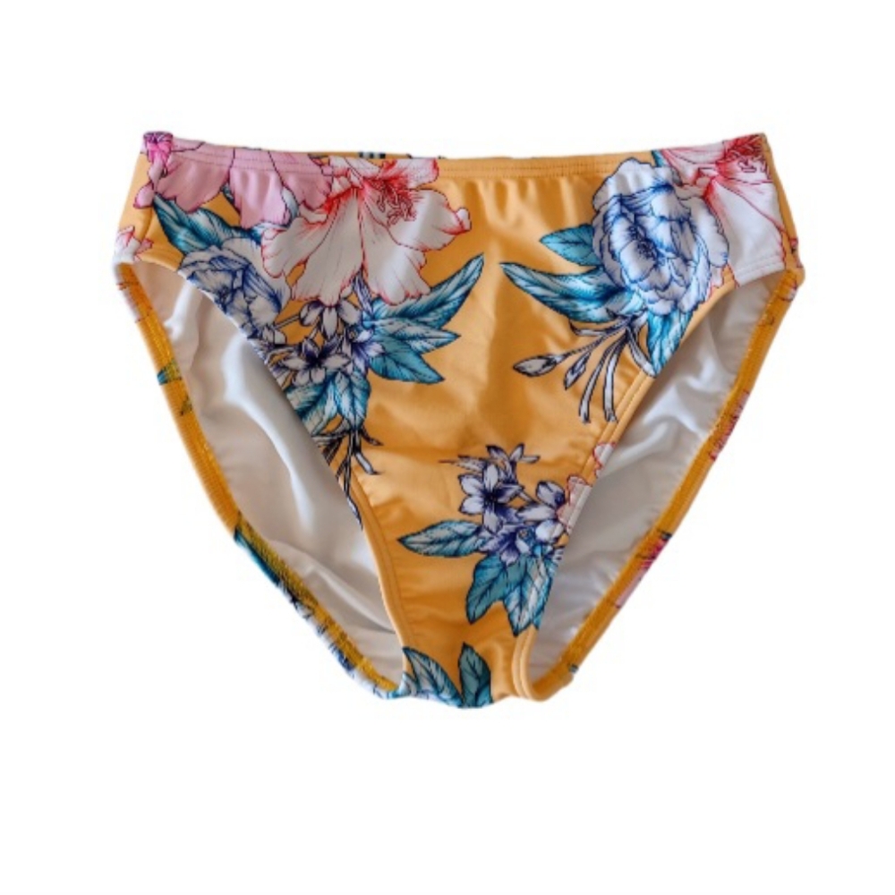 VENUS Yellow Tropical Floral Print High-Leg Bikini Bottom, size S